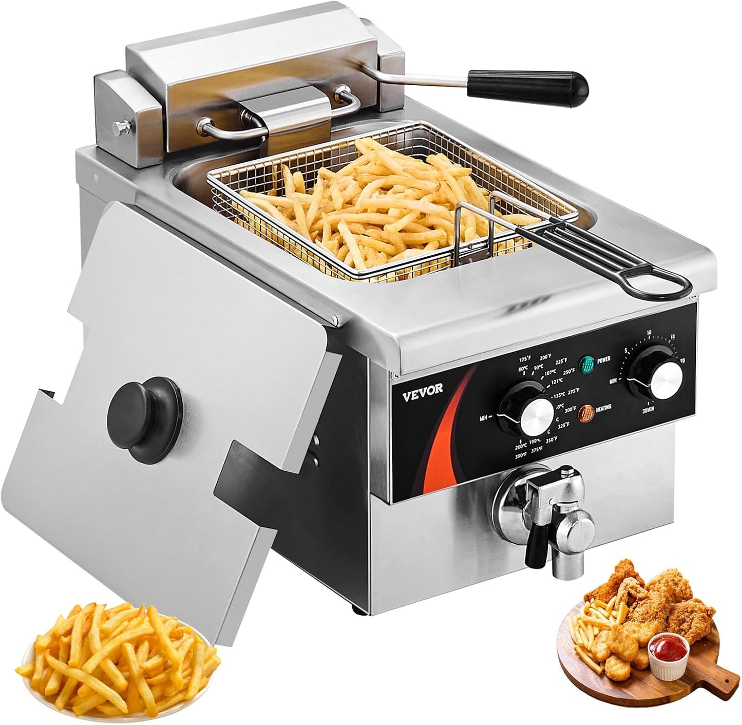VEVOR Commercial Deep Fryer, 9Qt \/8.5 L Single Oil Fryer, 1mm Thickened Stainless Steel, 1750W Electric Countertop Fryer with Basket, Time & Temp Control, for Kitchen Restaurant Use, Silver
