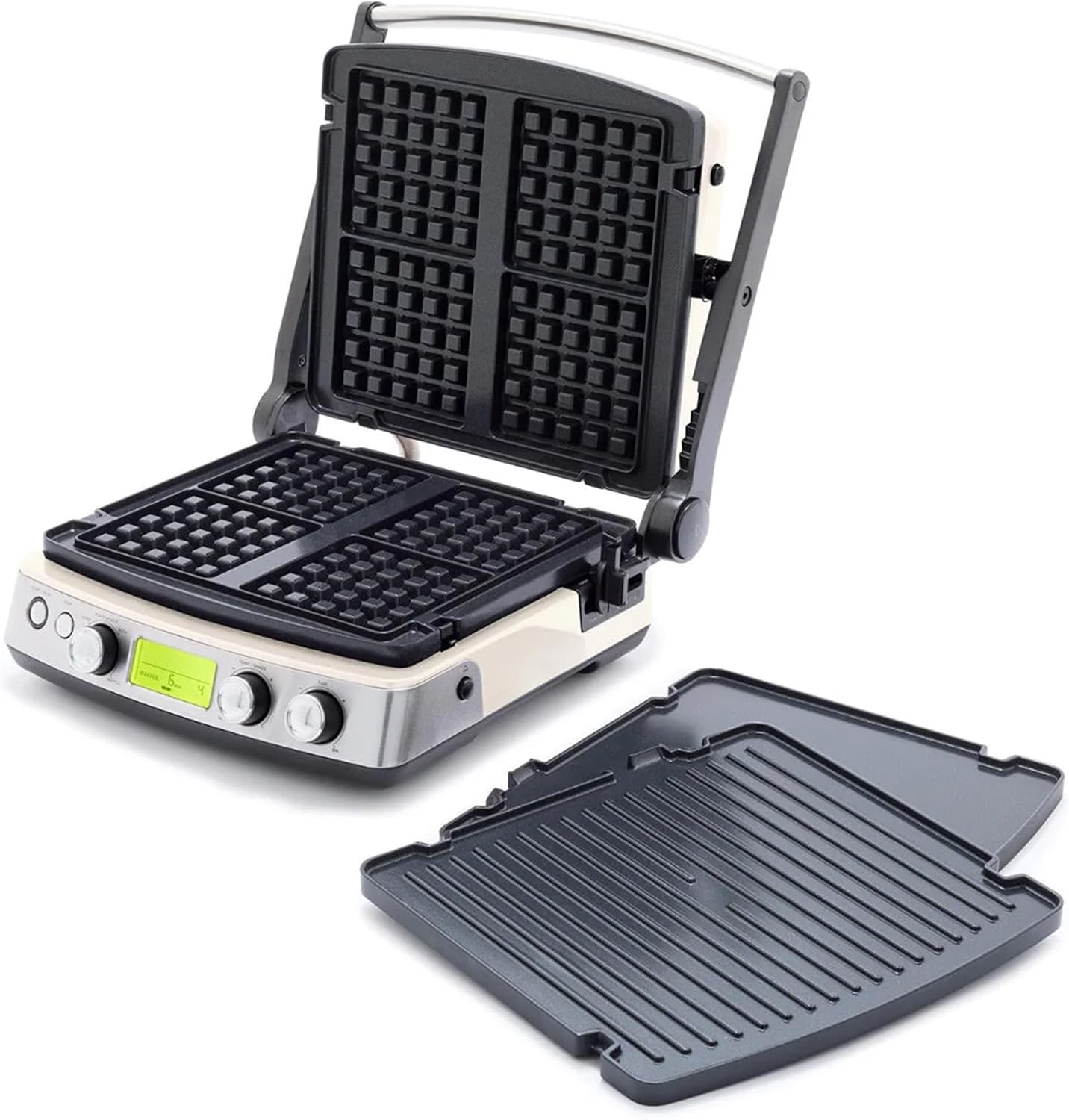 GreenPan Elite 7-in-1 Multi-Function Contact Grill & Griddle, Healthy Ceramic Nonstick, Grill & Waffle Plates, Adjustable Shade & Shear, Closed Press\/Open Flat Surface, PFAS-Free, Cream White