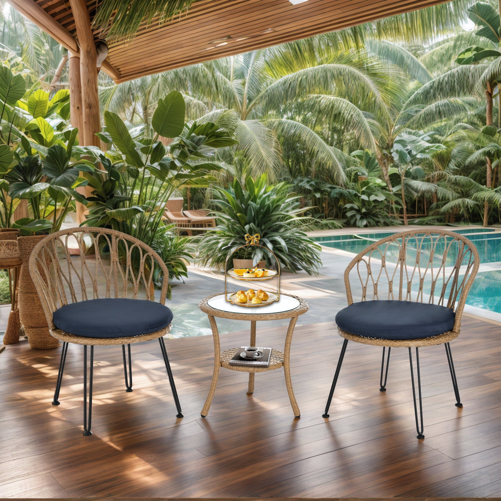 Hrinhom 3 Pieces Set of 2 Rattan Natural Metal Frame Stationary Conversation Chair with Blue Cushioned Seat