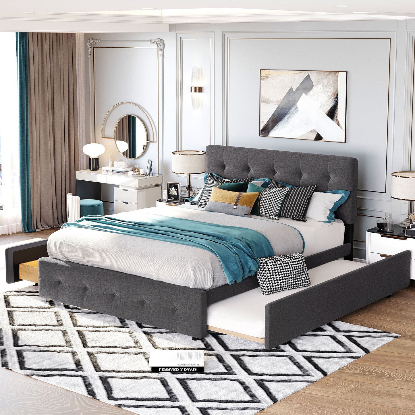 ModernLuxe Upholstered Platform Bed with 2 Drawers and 1 Twin XL Trundle Linen Fabric Queen Size Dark Gray