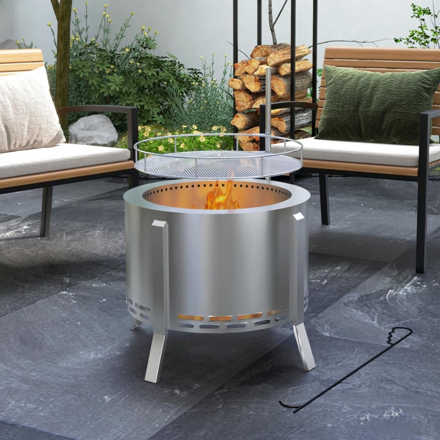 Stainless Steel 2-in-1 Smokeless Fire Pit, BBQ Grill, 19" Portable Wood Burning Firepit with Cooking Grate and Poker, Low Smoke Camping Bonfire Stove for Backyard Patio Picnic