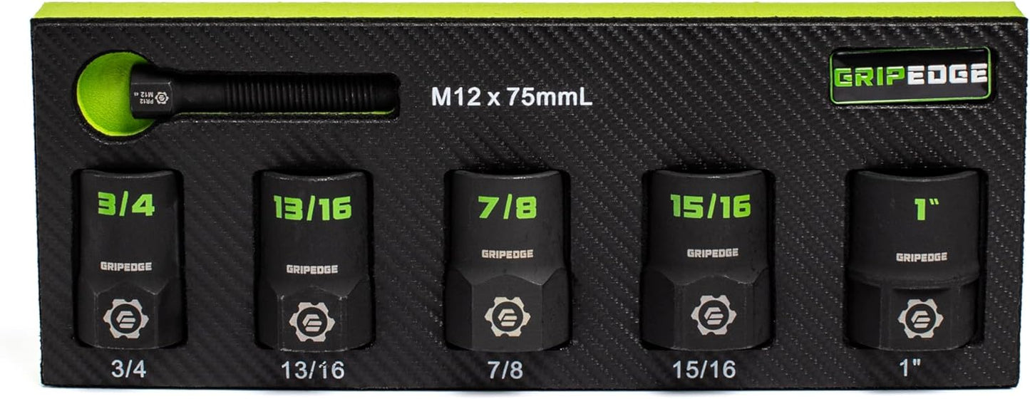 GRIPEDGE Tools | 5-PC – 1/2'' Drive SAE RPT Socket Extractor Set | Sizes 3/4'' – 1'' | Removes Broken Studs, Stripped Bolts and Lug Nuts | Includes Premium EVA Foam Storage|
