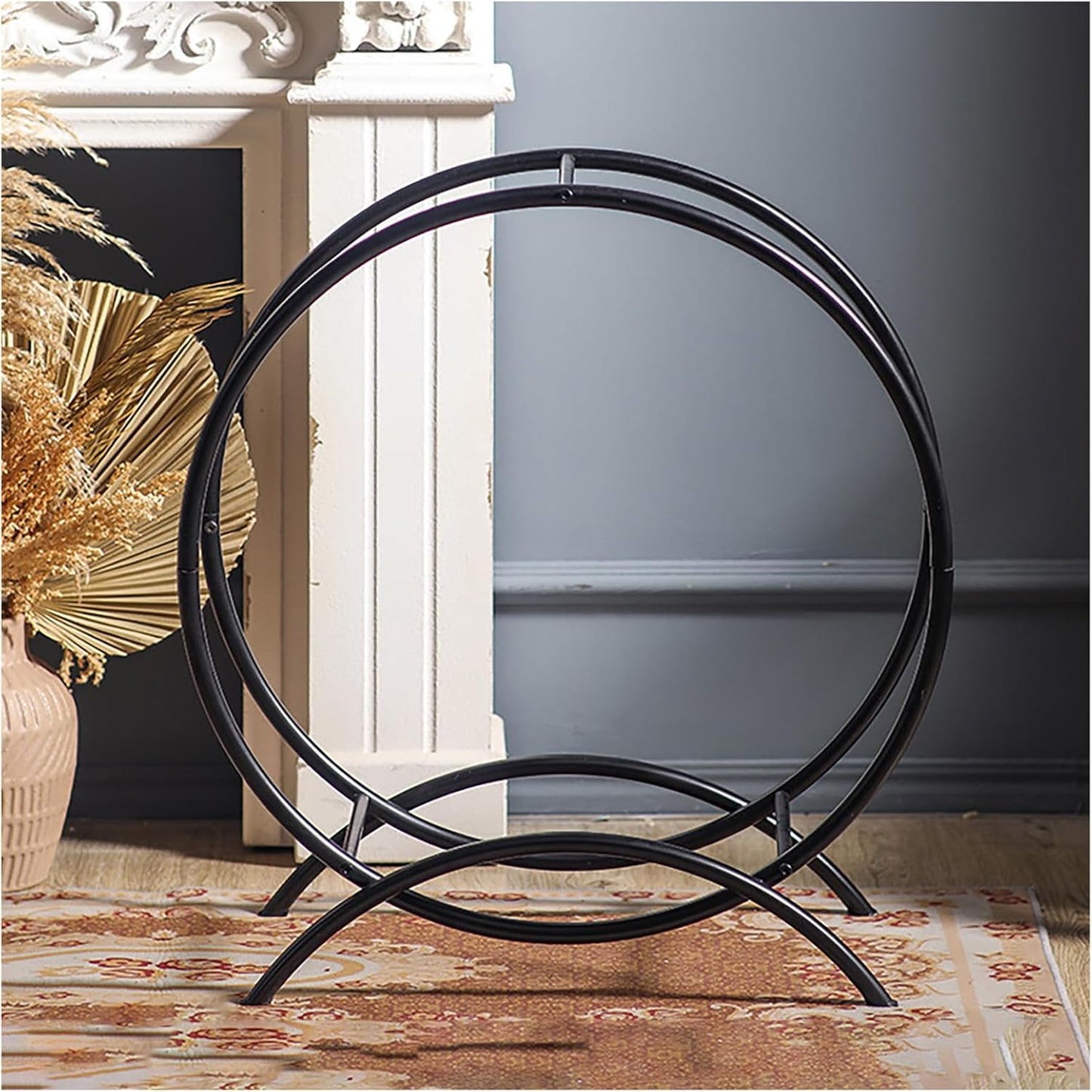 Outdoor Firewood Round Rack, Heavy Duty Round Base Firewood Rack for Fireplace, Patio, Bonfire (Black)