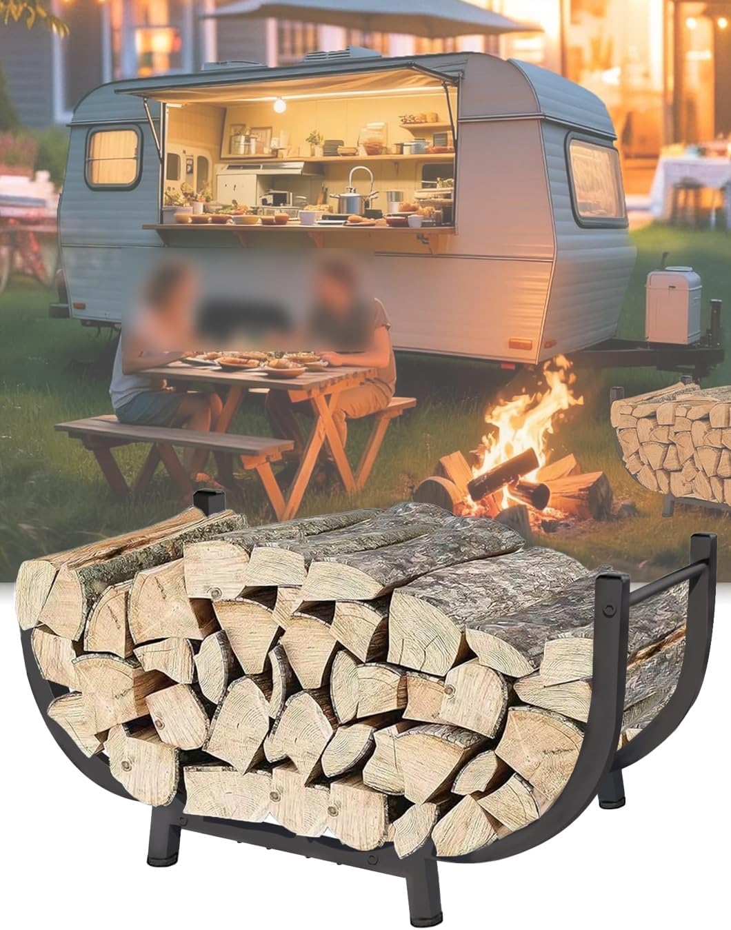 Curved Firewood Rack Outdoor, 24in Reinforced Steel Log Holder Indoor, Stable Firewood Storage ,for Patios & Small Spaces