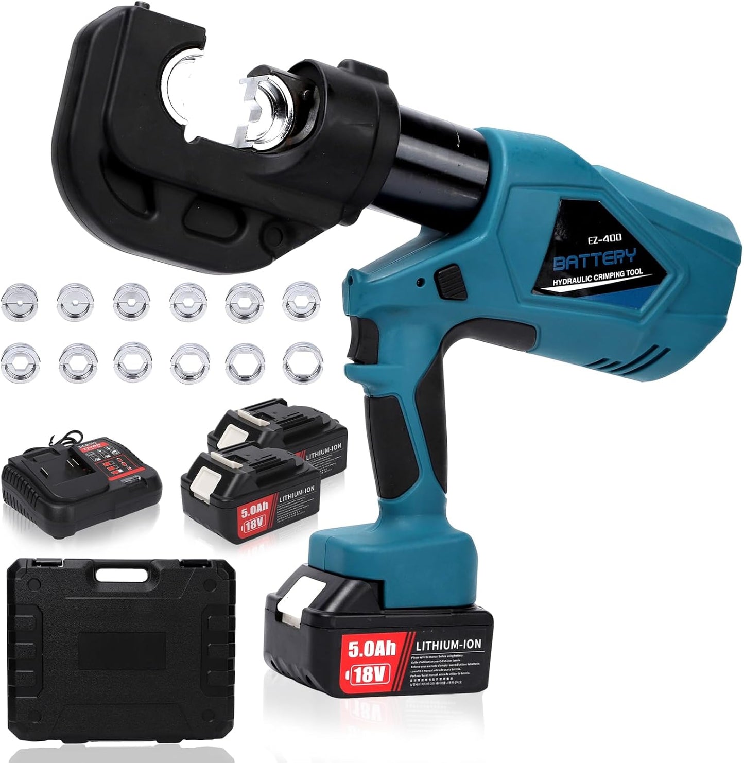 Cratouni Electric Hydraulic Crimping Tool, 12Ton 6AWG-800MCM Rechargeable Hydraulic Cable Lug Crimper for Cu\/Al Terminal, Continuously Crimp Wire Crimping Tool Kit with 12 Dies