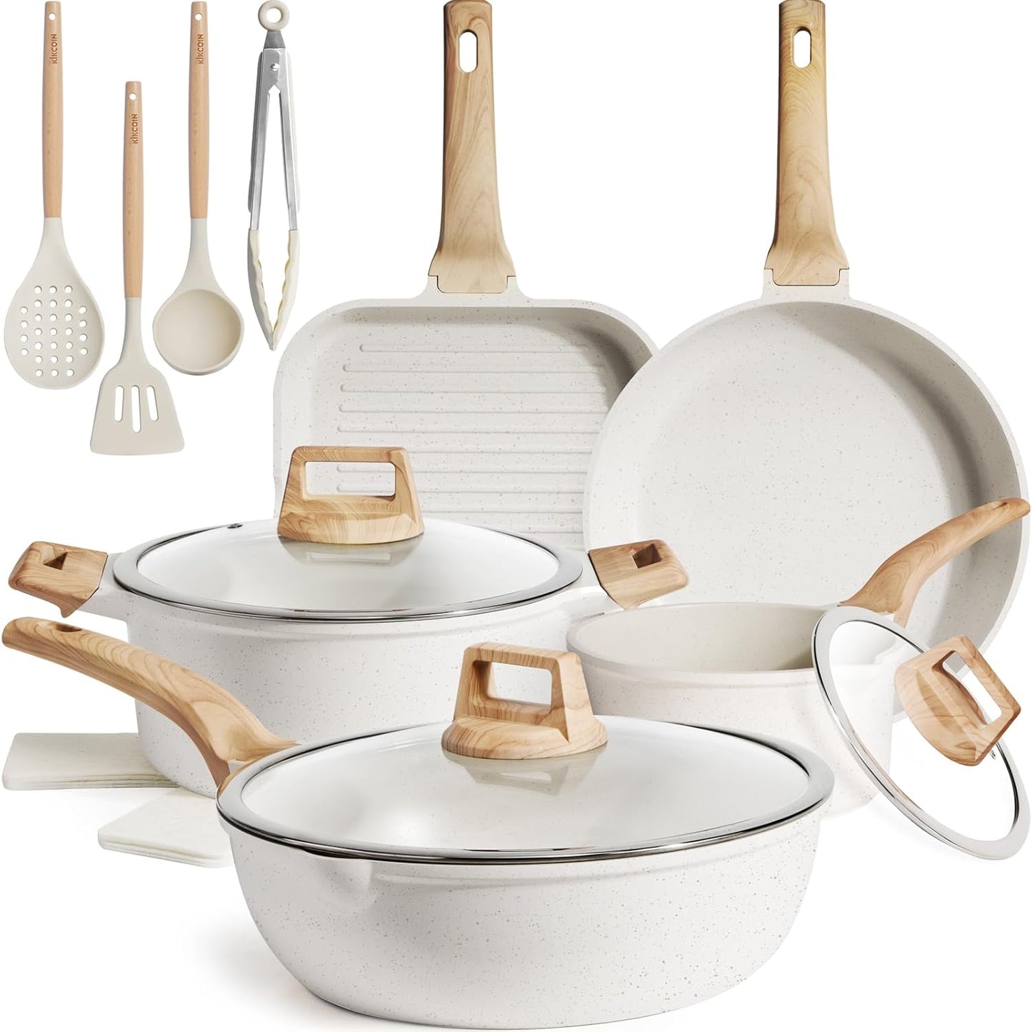 Kikcoin 16Pcs Pots and Pans Set Nonstick Ceramic Cookware Sets Induction Kitchen Cooking Set Non toxic Healthy Non Stick w\/Grill Pan,Saute Pan, Ceramic White