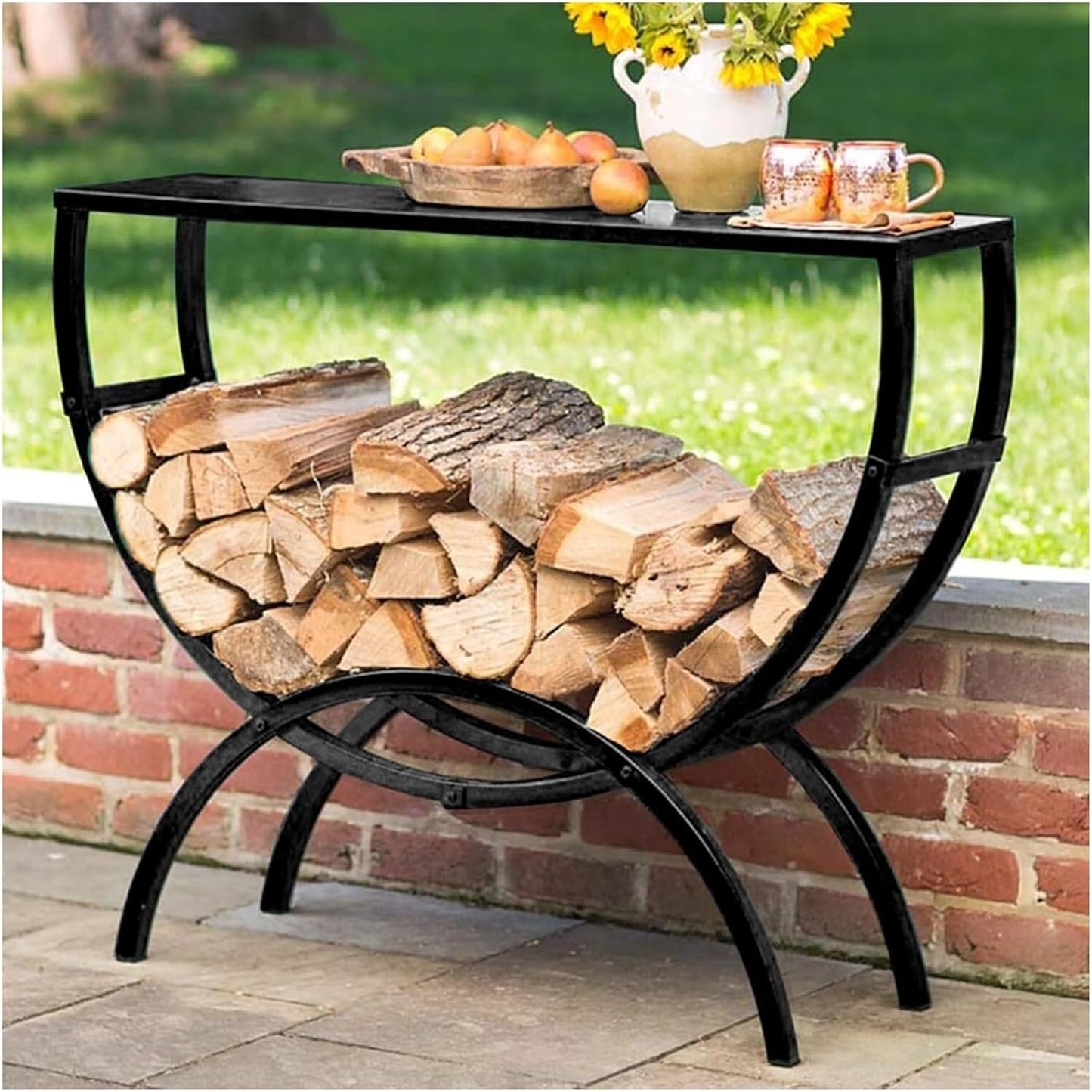 Firewood Rack,Firewood Log Rack, Metal Firewood Holder End Table 100\/ 120cm Long, Round Firewood Organizer Storage Shelf(W100cm(39 3\/8") X H82cm(32 1\/4"))