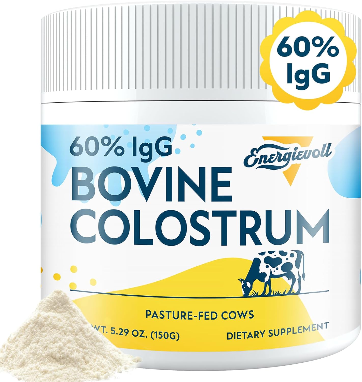 Energievoll Bovine Colostrum Supplement Powder - 60% IgG 3000 mg for Gut, Hair Growth, Beauty, and Immune, Easy to Mix, Unflavored (50 Servings)