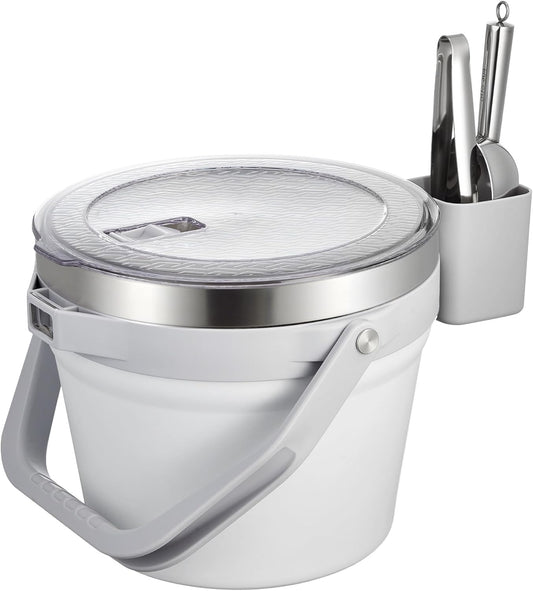 COKTIK 7L Vacuum Insulated Ice Bucket with Lid and Scoop& Tongs,Large capacity Stainless Steel Beverage Bucket for Cocktail, Champagne, Wine, Beer,Large Parties(Milk White Suit)