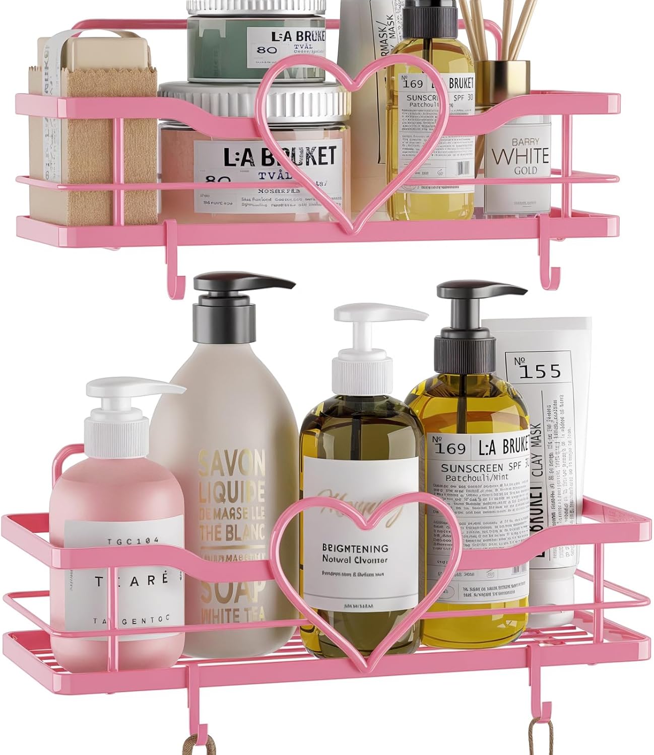 FLCITY Pink Shower Caddy with 4 Removable Hooks, 2 Pack Sweet Heart Shower Shelves,No Drilling Adhesive Organizer Shelf for Bathroom Shower,Kitchen,Bedroom