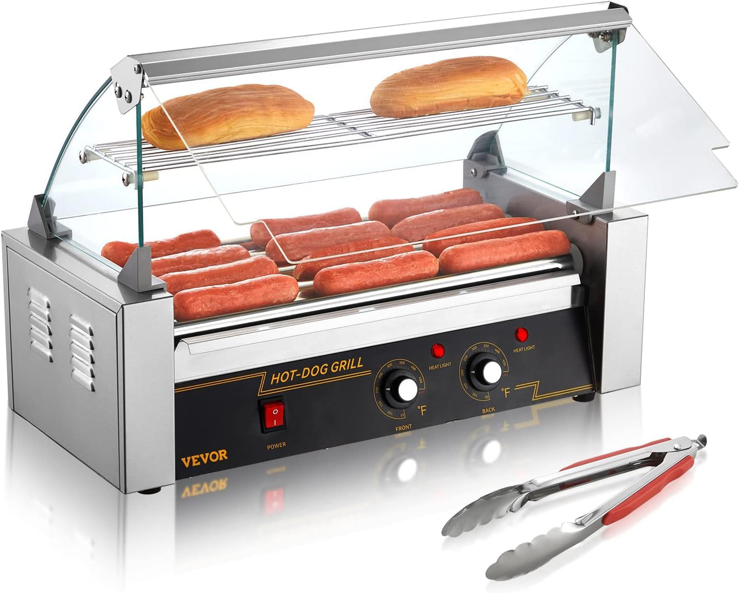 VEVOR Hot Dog Roller, 30 Hot Dog Capacity 11 Rollers, 1800W Stainless Steel Cook Warmer Machine w\/Cover & Dual Temp Control, LED Light & Detachable Drip Tray, Sausage Grill Cooker for Kitchen Canteen