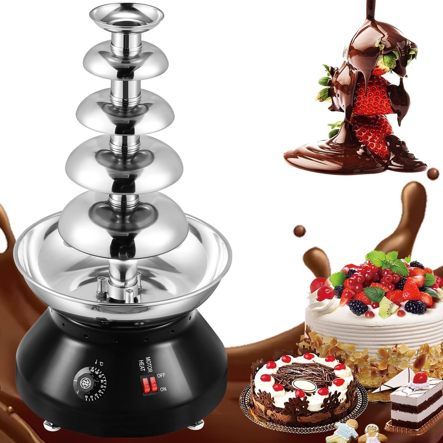 Bokknppo Chocolate Fondue Fountain 5 Tiers Digital Stainless Steel Electric Cheese Fountain Chocolate Dipping Warmer Chocolate Melting Heating Machine Hot Chocolate Fondue Tower (Black-5 Tiers)