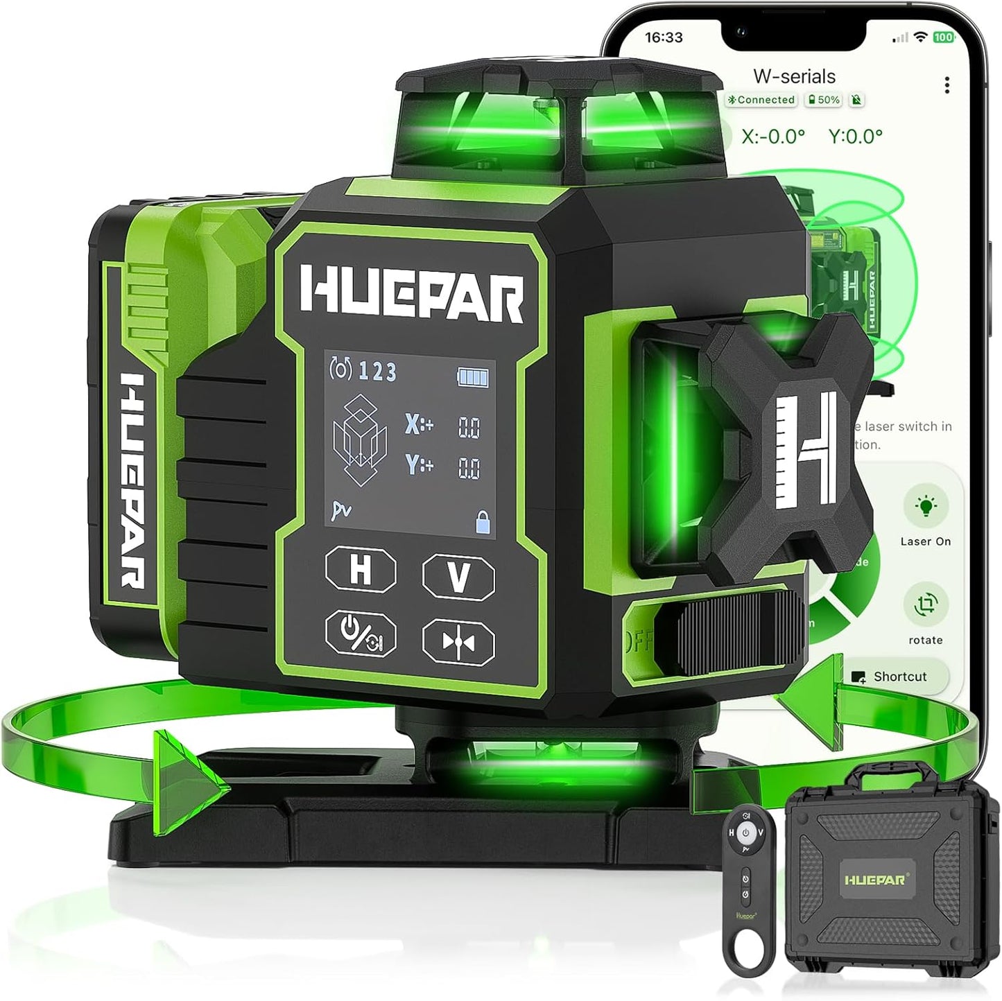 Huepar Laser Level 360 Self Leveling, W04CG Upgraded 4x360° Bluetooth Construction Lazer Leveler Tool with Electric Rotating Base & Large LCD Screen, 4D 16 Lines Green Cross Laser Level