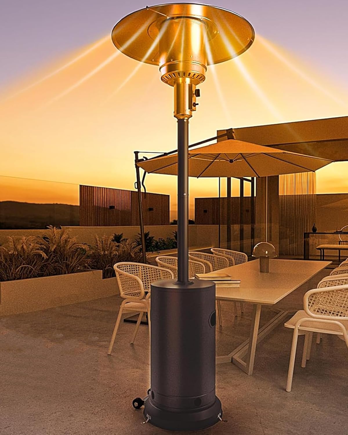 48,000 BTU Patio Propane Outdoor Heater with Wheels & Round Table Design, Stainless Steel Gas Heating Unit with Tip-Over Protection, Adjustable Standing for Patio, Garden & Commercial Use