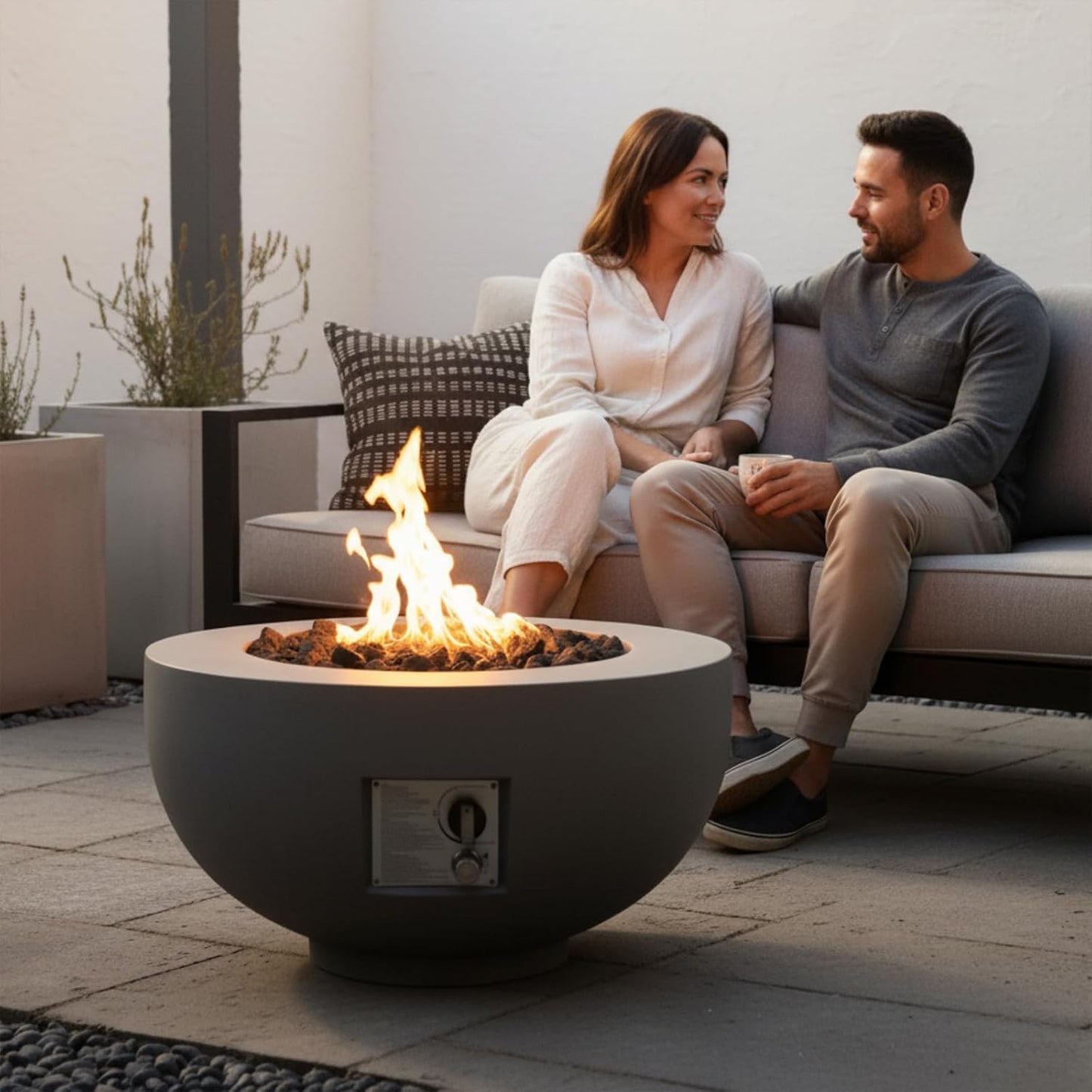 28" Round Propane Fire Pit, 40,000 Btu Fire Pit Bowl with Free Lava Rocks, Rain Cover and Burner Lid, Outdoor Patio Round Fire Bowl for Garden, Deck, Light (Grey, 27.56" L)