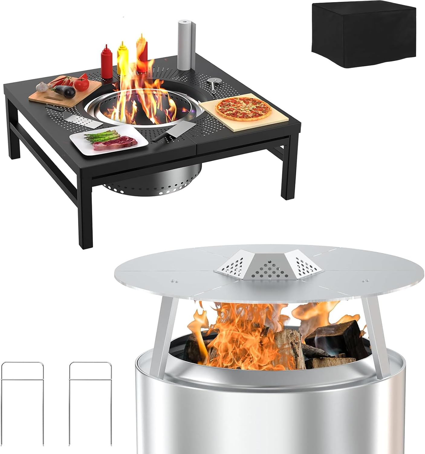 Fire Pit Surround Tabletop & Heat Deflector for Solo Stove Yukon 27'',Powder-Coated Steel Stove Table Surround with 304 Stainless Steel Fire Pit Pellet Adapter Diffuser
