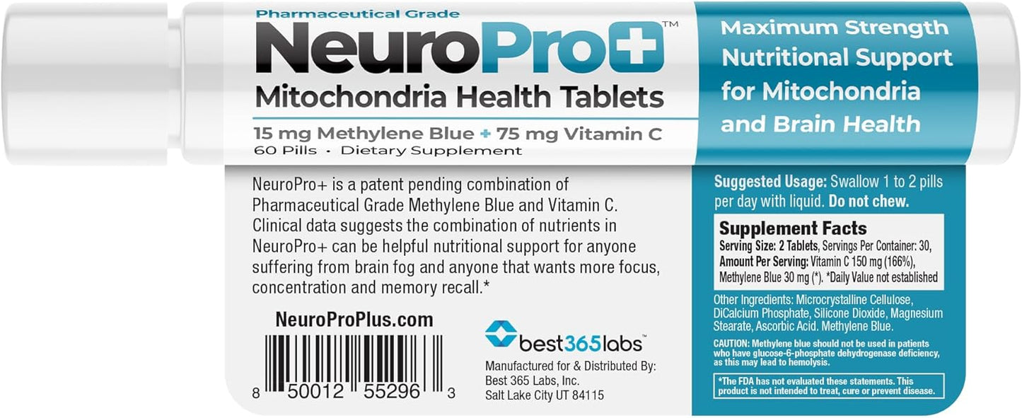 NeuroPro+ - Methylene Blue and C Complex - Maximum Strength Mitochondria Support Tablets - Fast Acting Mental Clarity Support - 60 Tablets