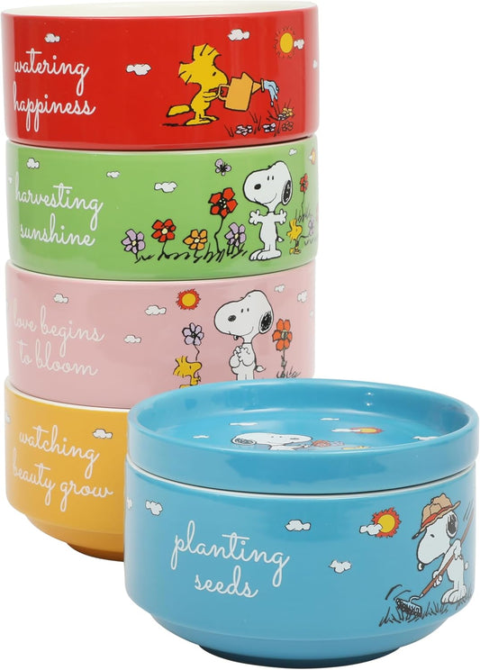 Peanuts Snoopy 6 Pack Stackable 5.5" Decorated Stoneware Bowl Set W\/Plate
