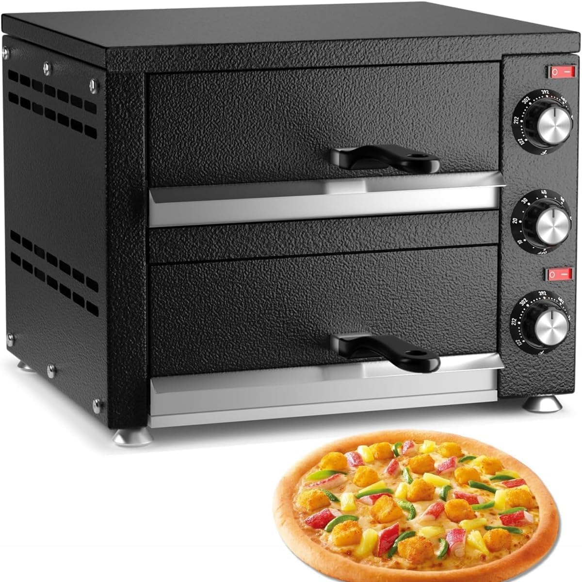Countertop Pizza Oven 2 Shelves (12 Inch Black) Electric Indoor Pizza Oven Commercial Stainless Steel 2 Layers Pizza Cooker with Timer for Home Party Restaurant Canteen