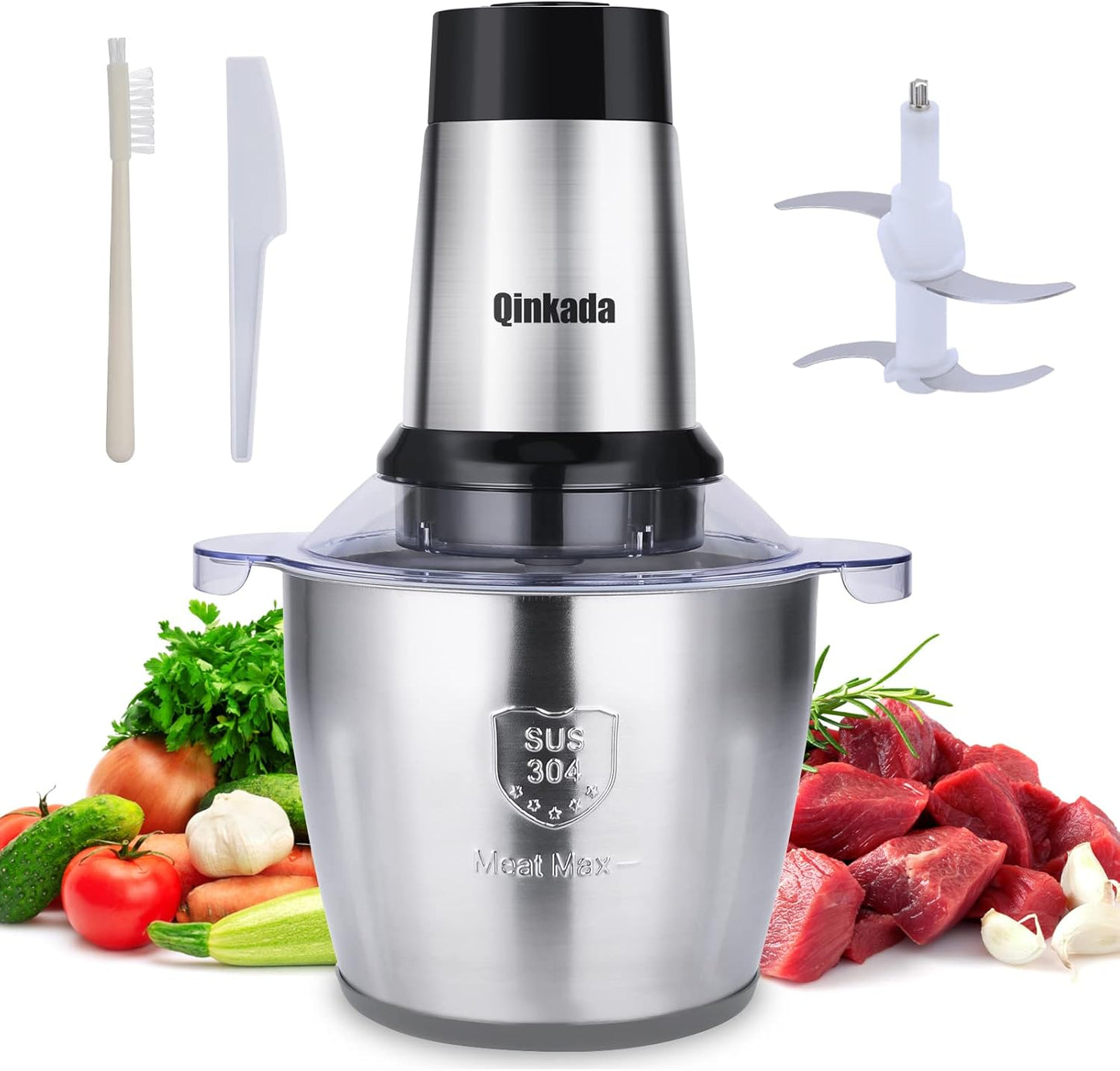 Qinkada Food Processor, 500W Powerful Meat Grinder, 14Cup Stainless Steel Bowl, 3 Speed Modes 4 Bi-Level Blades for Onion, Meat, Nuts, Fruit, Garlic, Vegetable, Baby Food