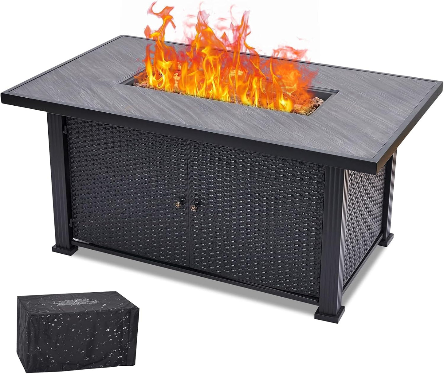 52 Inch Outdoor Propane Fire Pit Table Rectangular Steel and Iron Construction 50000 BTU Heating with Rain Cover and Electronic Ignition for Patio Deck Garden Backyard Warmth and Entertainment