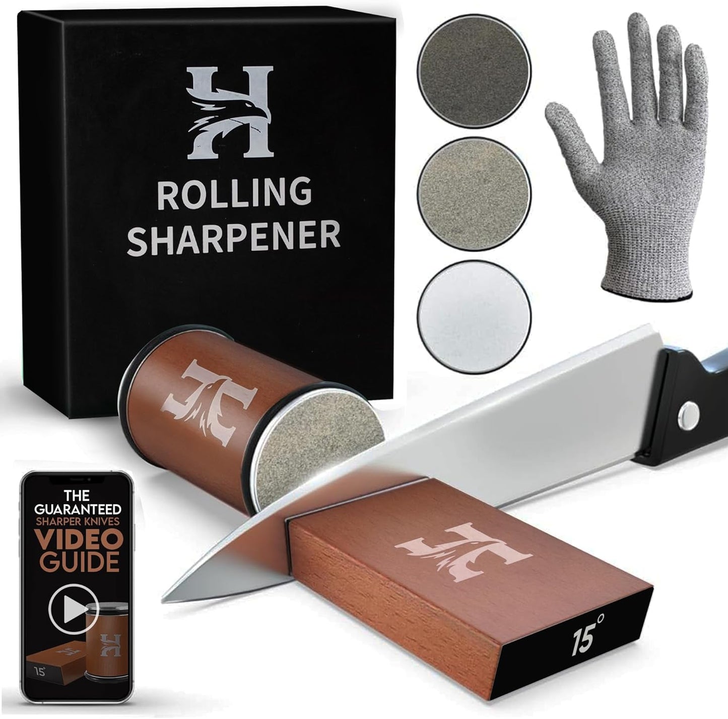 High Carbon Stainless Steel Rolling Knife Sharpener with 400, 1000 & 3000 Replacement Discs - Blunt Knife Sharpening Kit with 15 and 20 Degree Sharpening for Kitchen & Chef's Knives