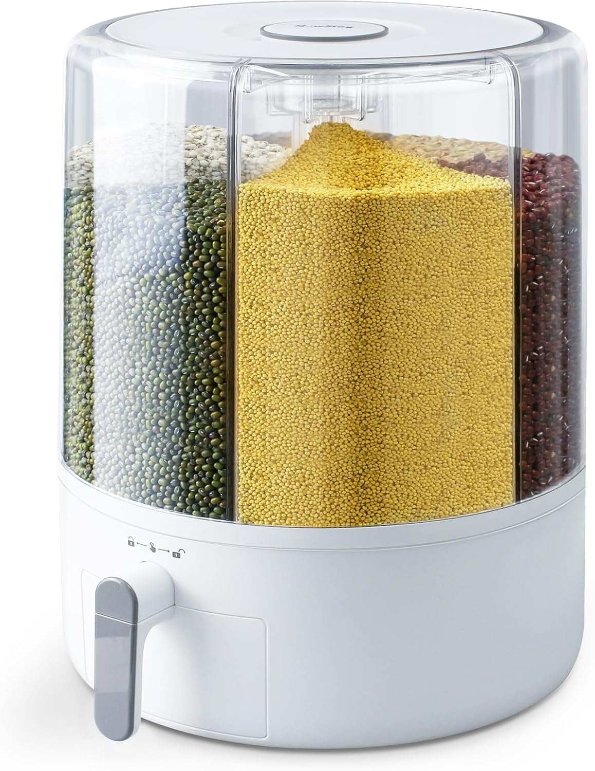 Slow Slog Grain and Rice Storage Container, 6 Grid Grain Dispenser, 360° Rotating 25lb Large Food Dispenser, Rice Dispenser Upgrade 6 Compartment Rotating, Airtight Storage White