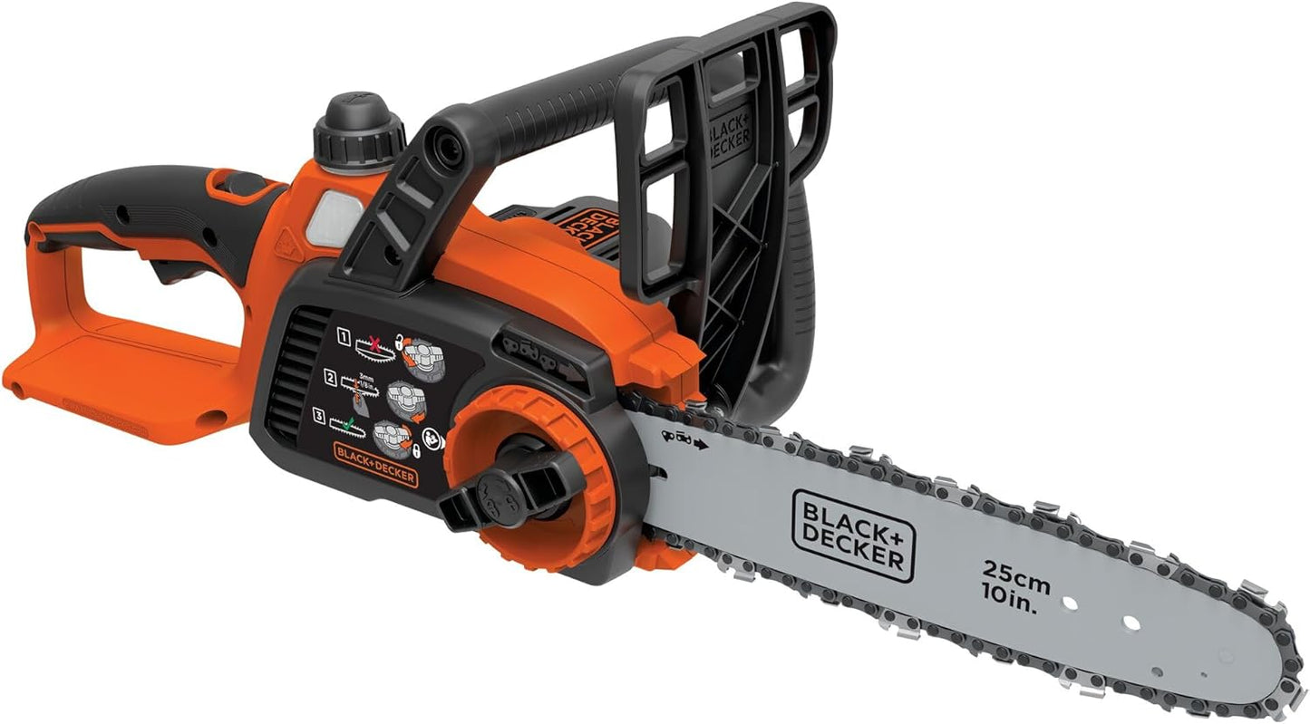BLACK+DECKER 20V MAX Chain Saw Cordless Chainsaw, 10-Inch Battery Chainsaw, Tool Only, for Wood Cutting and Tree Pruning, Includes Guide Bar Scabbard (LCS1020B)