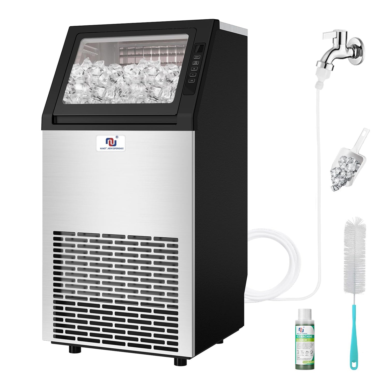 Freestanding Ice Maker Machine - 100 lbs\/Day Under-Counter Stainless Steel Ice Maker with 26 lbs Storage, Self-Cleaning, Automatic Inlet Water Line for Clear Ice Cube & Chilled Water for Business