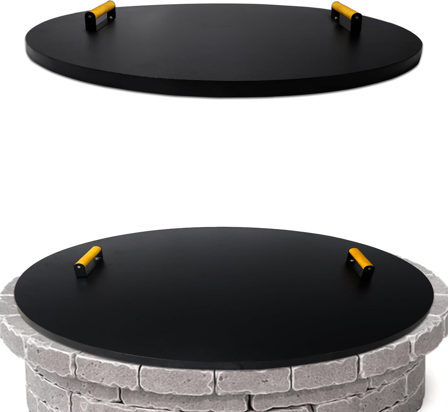 Simond Store Fire Pit Cover Round 38" - Rust Resistant 1.5mm Powder Coated Carbon Steel Firepit Lid with 2 Ergonomic Wooden Handles - Compatible for Fire Pit Inside Dia Up to 36"