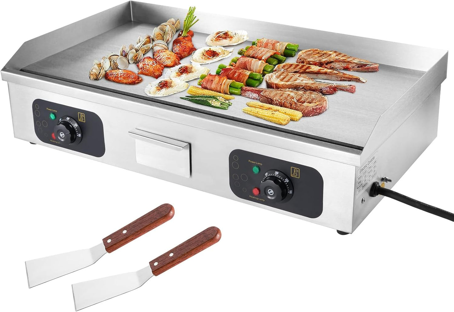 29’ Commercial Electric Griddle, 3200W Countertop Flat Top Griddle, Adjustable Temperature Control 122°F-572°F (NO PLUG), 2 Shovels