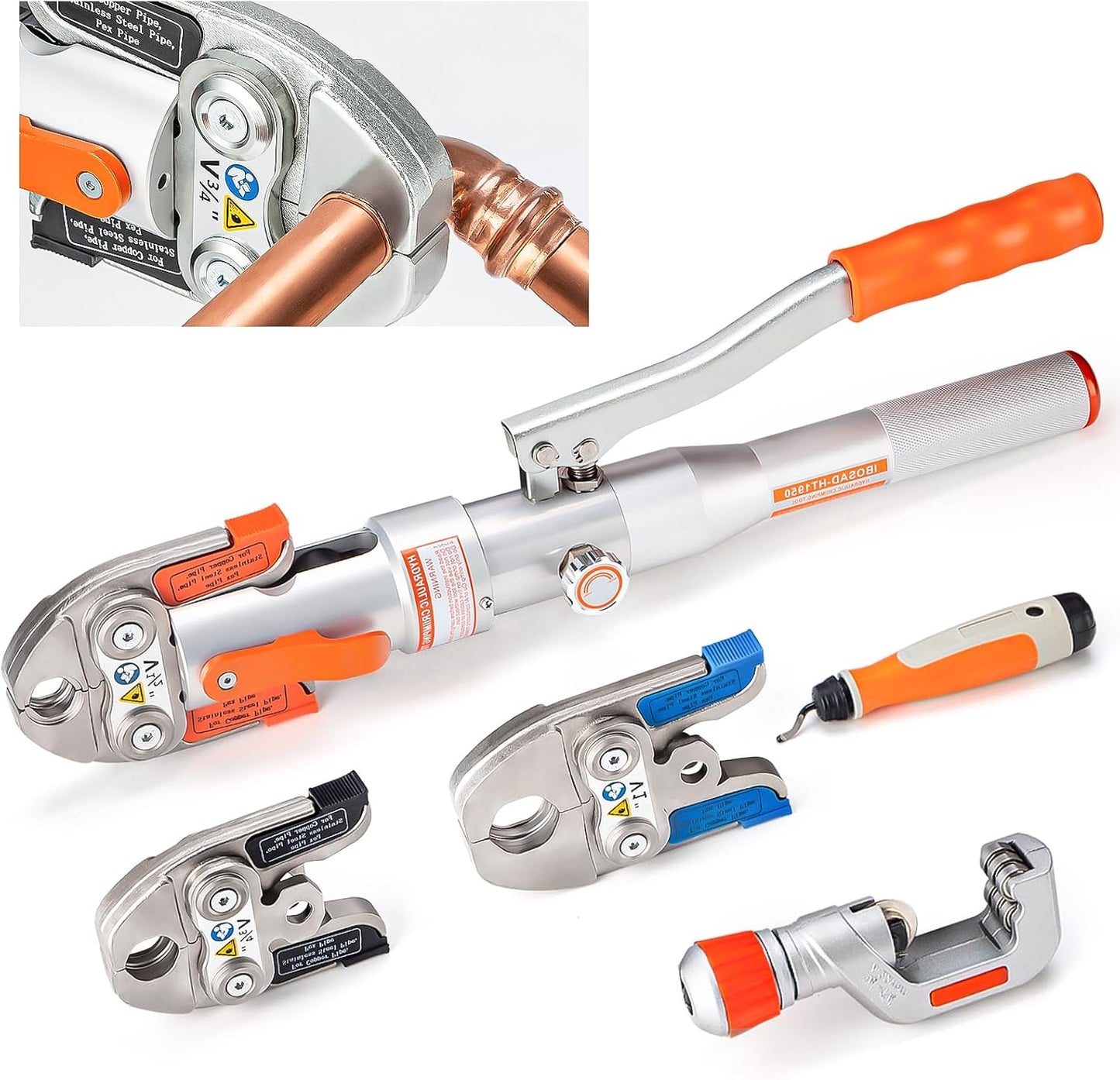 IBOSAD Copper Tube Fittings Hydraulic Pipe Crimping Tools with 1\/2",3\/4\u201D and 1\u201D Jaw Copper Pipe Press Crimpers Pressing Pliers,Suit for Narrow Space and Tee Fitting