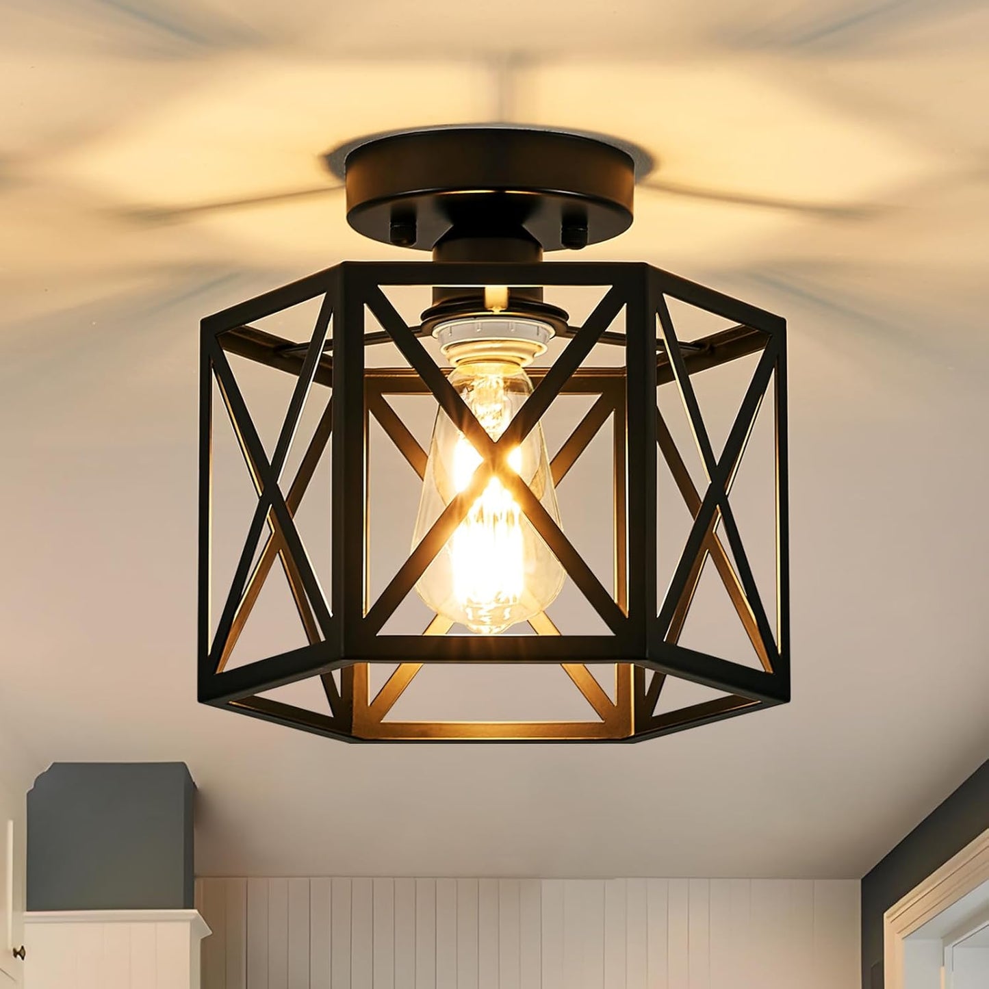 Bwxcie Modern Farmhouse Black Ceiling Light,Industrial Semi Flush Mount Ceiling Lighting Fixture,Hexagonal Hallway Lighting Fixtures for Kitchen,Bedroom,Foyer,Entryway,Laundry Room,1-Light, 9.5 Inch