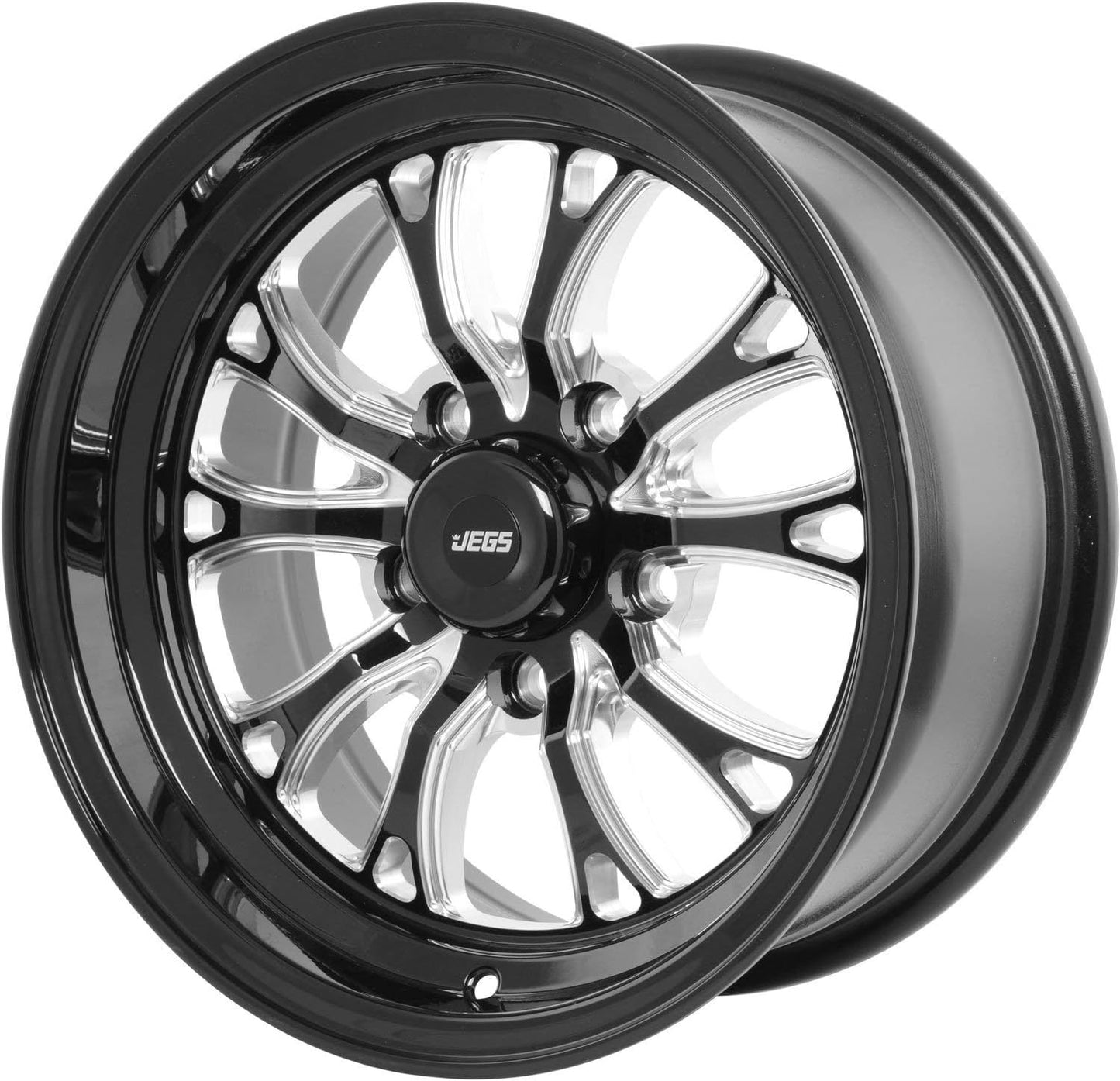 JEGS SSR Spike Wheel 15 x 7 | 5 x 4.75” Wheel Bolt Pattern Spacing | 0 mm Offset | 4.0” Backspacing | Gloss Black with MiIled Spoke Accents | 3.27” Center Bore