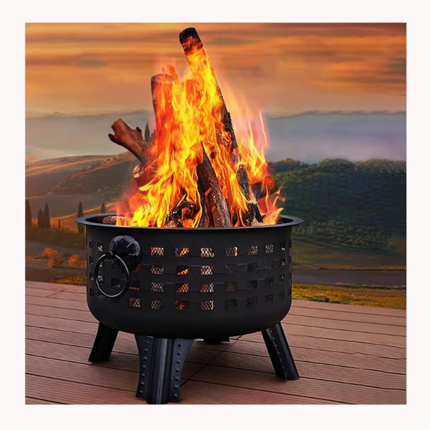 Outdoor Fire Pit & Grill Combo,Heavy-Duty Iron Burn Barrel with Fire Hook & Cooking Grate – Versatile for BBQ, Bonfire, Backyard Heating, Yard Waste Burning (Leaves, Paper) Durable & Rust-Resistant