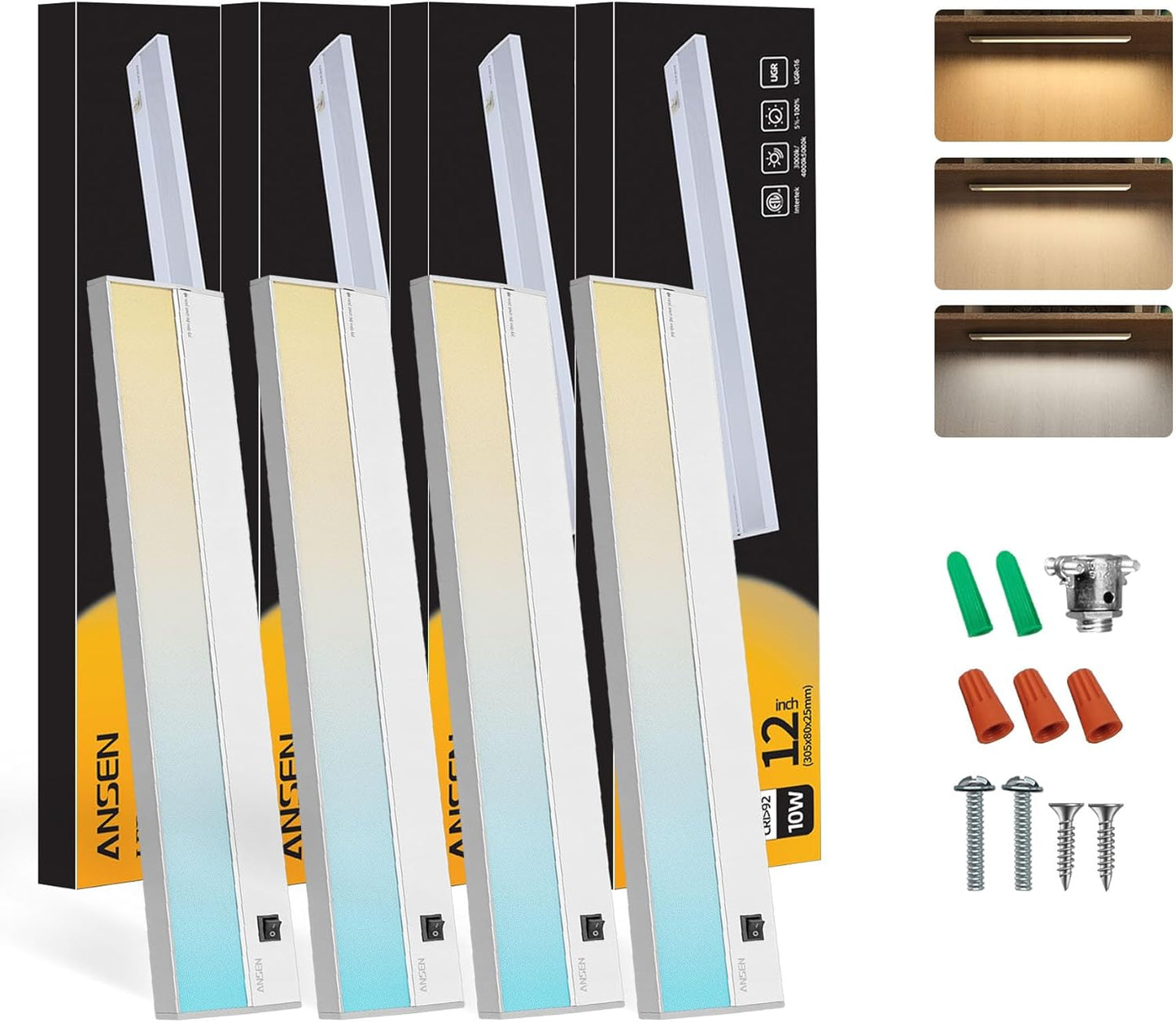 Ansen 4Packs of Under Cabinet Lighting Hardwired, 12IN 10W 666LM, Dimmable Led Light for Kitchen\/Bar\/Closet, CRI>92, R9>90, 3 Color Temperature, 3000K\/4000K\/5000K(Warm White, Cool White, Daylight)