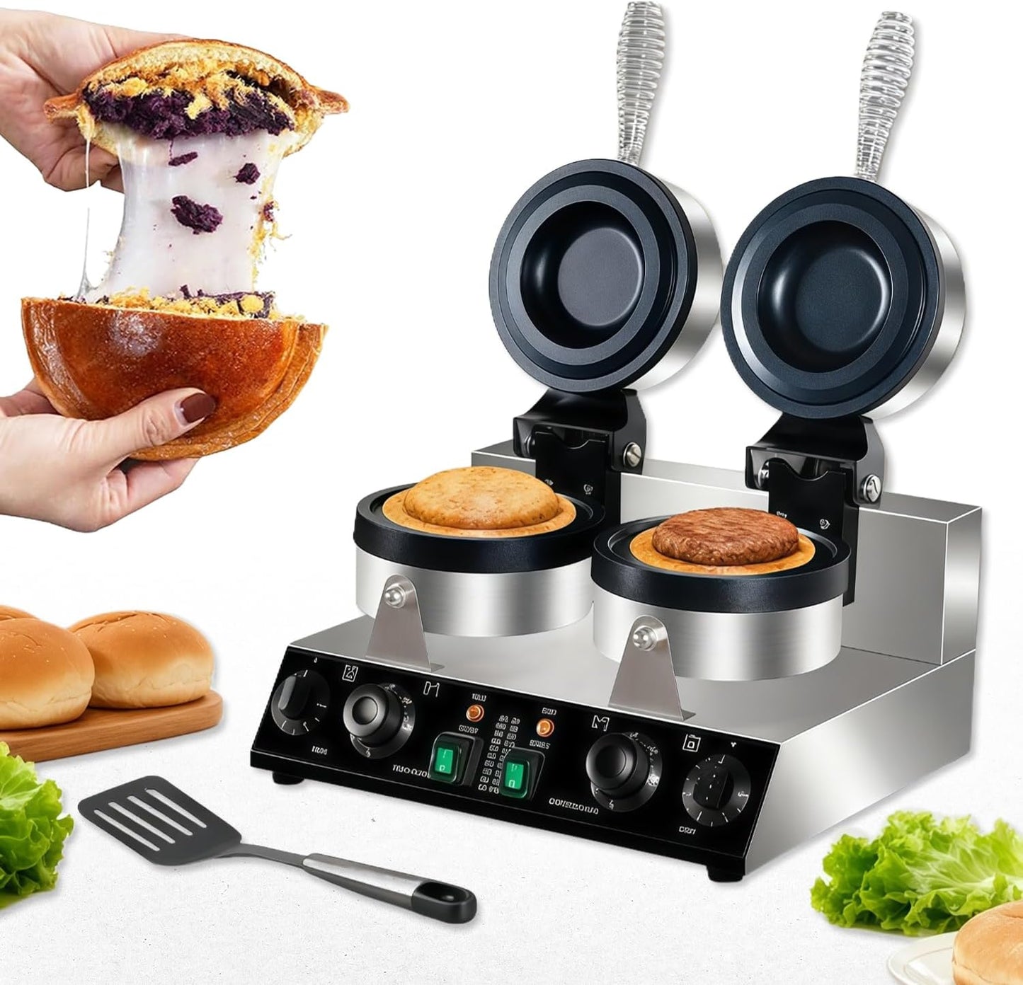 Ice Cream Burger Maker, UFO Burger Maker Machine, Commercial Hamburger Press, Stainless Steel Ice Cream Filling Machine, with Adjustable Temperature & Timer, for Breakfast Shop