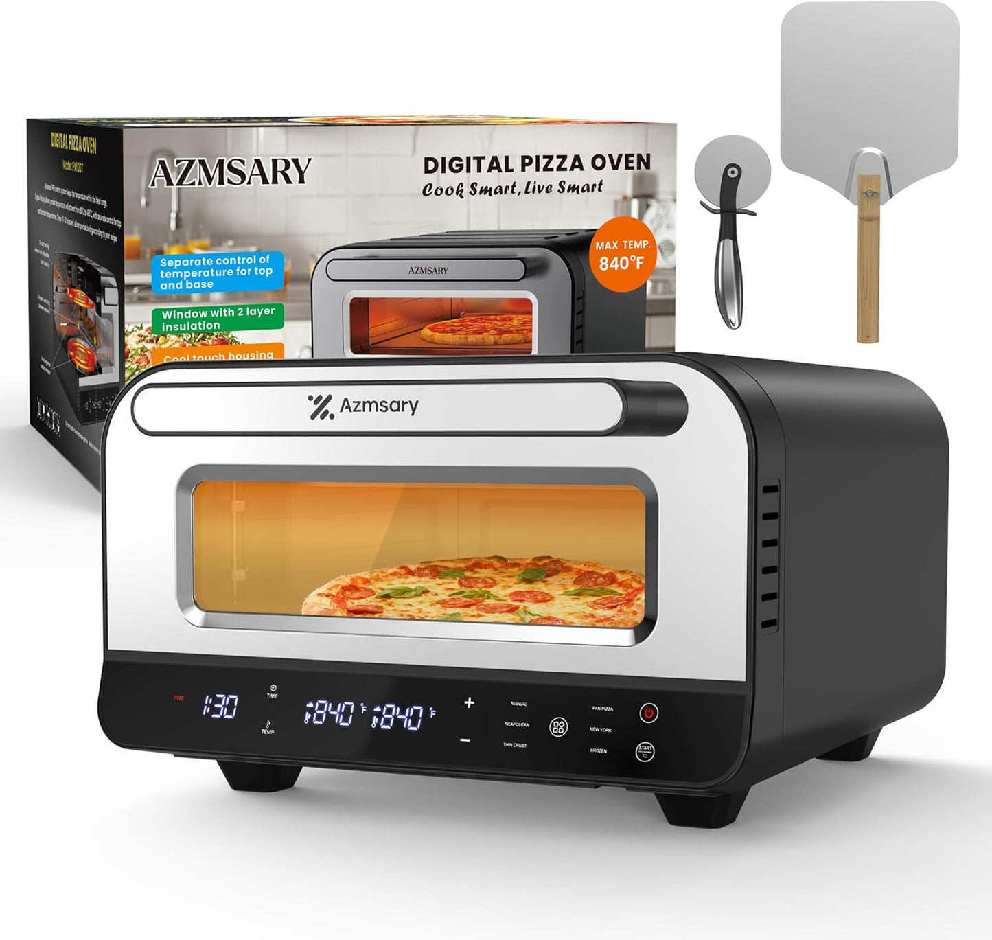 Indoor Pizza Oven \u2013 6 Programs, Max 840°F, Suitable for 12 inch Pizzas, 5-in-1 multifunction: Pizza, Bake, Proof, Broil, and Warm \u2013 includes pizza stone and pizza peel