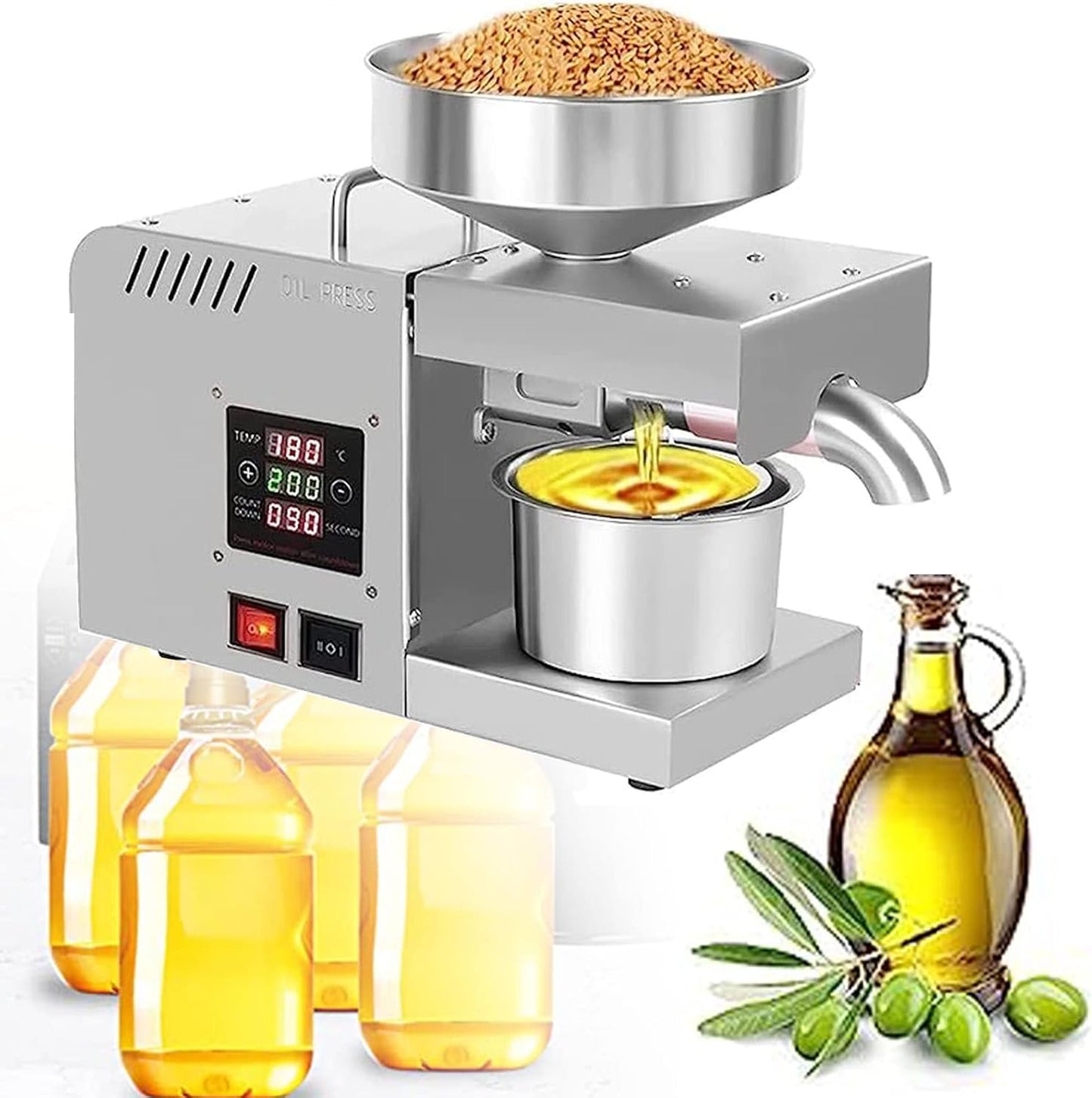 Automatic Oil Press Machine Oil Presser Hot Cold Oil Extractor Expeller Intelligent Control Panel/LCD Touch Screen/Food Grade Stainless Steel,for Peanuts Sesame Flax Castor Canola,110V