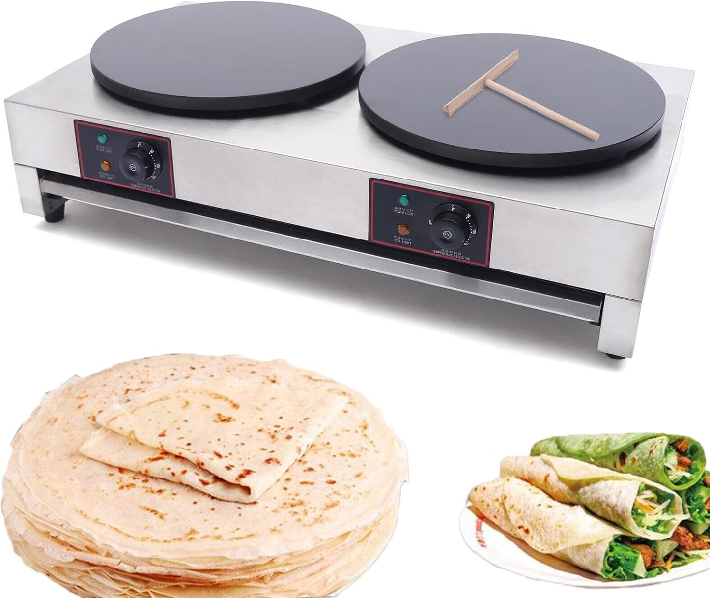 2-Burner Commercial Crepe Maker Electric Non-stick Plate Pancake Baking Machine, Healthy-Eco Non-stick Coating, Hassle-Free Clean Up for Blintzes, Eggs, Tortilla