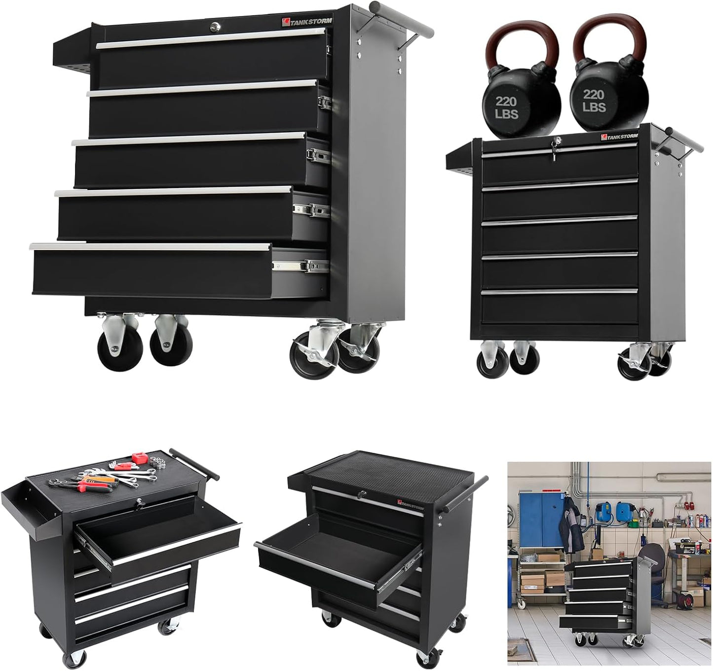 TANKSTORM Tool Chest Heavy Duty Cart Steel Rolling Tool Box 5 Drawer Cart (TZ35-BK)
