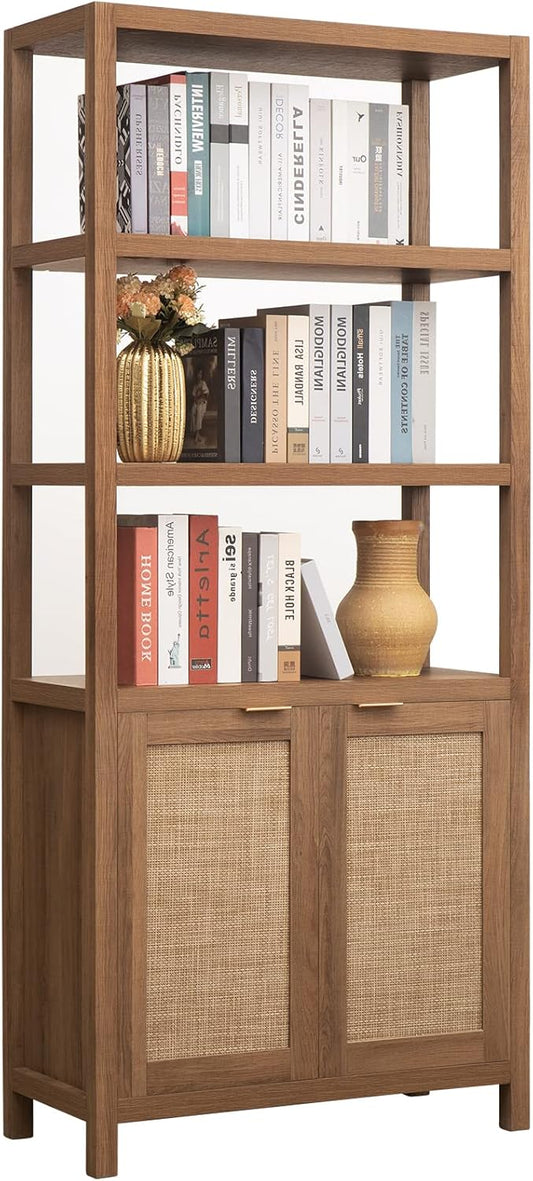 SICOTAS Bookshelf 5 Tier Book Shelf Rattan Boho 71" Tall Bookcase with Doors Storage Shelves Large Bookshelves Farmhouse Bookcases Library Book Case for Living Room Bedroom Home Office Kitchen