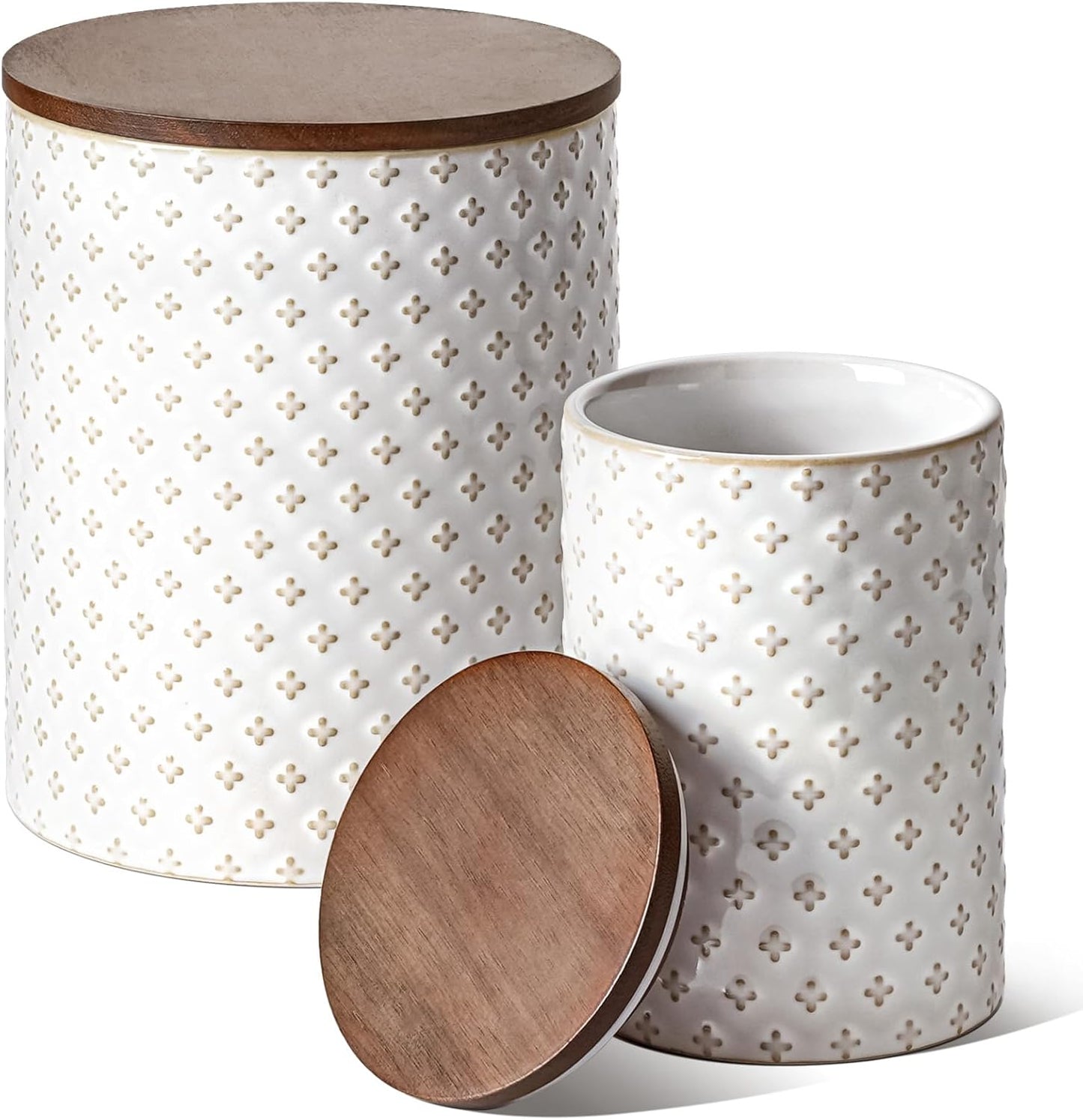LE TAUCI Food Storage Containers with Airtight Lids, 78\/25 oz Ceramic Sugar Canisters Sets, Embossed Large Jars for Pasta, Oats, Coffee Bean, Cookies, Rice, Grains, Tea - Set of 2, Clover