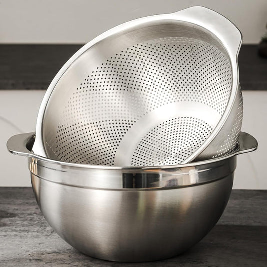 18\/8 Stainless Steel Microwell Colander, 5QT Large Capacity with Handle Kitchen Food Strainer Basket for Washing Vegetables, Fruits, Rice, and Pasta (primary colour, 5QTColander+5QT Mixing bowl)