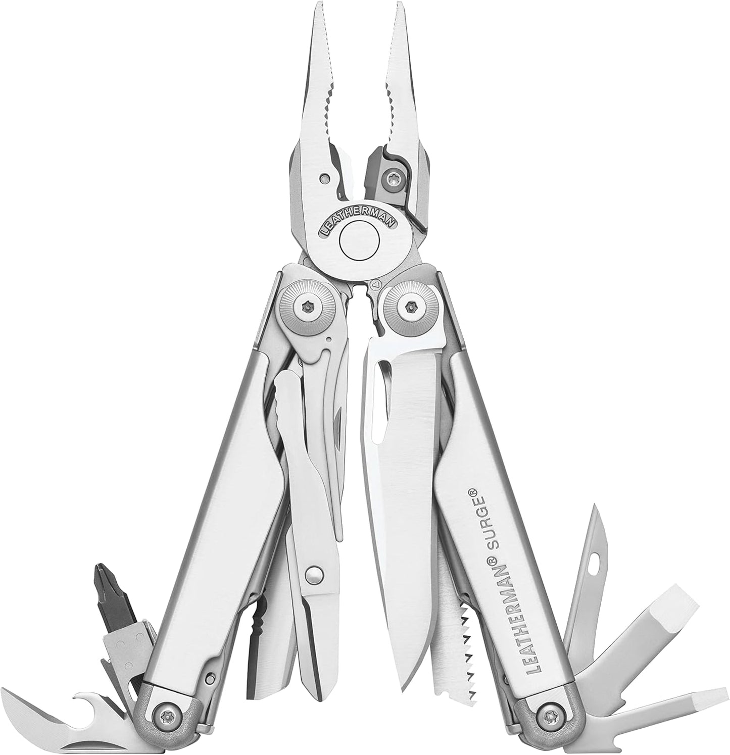LEATHERMAN Surge - Heavy-duty multipurpose multi-tool with 21 tools including full-size lockable blades, regular and needlenose pliers and wire cutters, DIY tool made in the USA, in stainless steel
