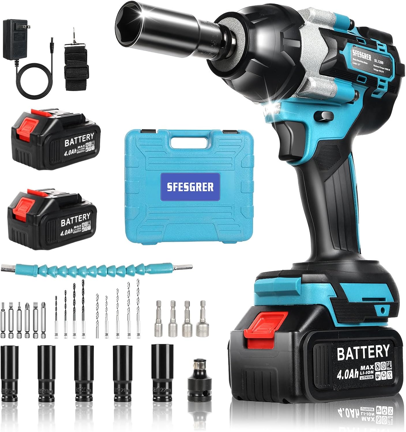 Cordless Impact Wrench, 1400N.M (1040Ft-lbs) Impact Driver 1/2" Impact Gun, 3600RPM High Torque Impact Drill with 2 x 4.0Ah Battery, 21V Brushless Impact Wrench Set for Car/Truck/Mower