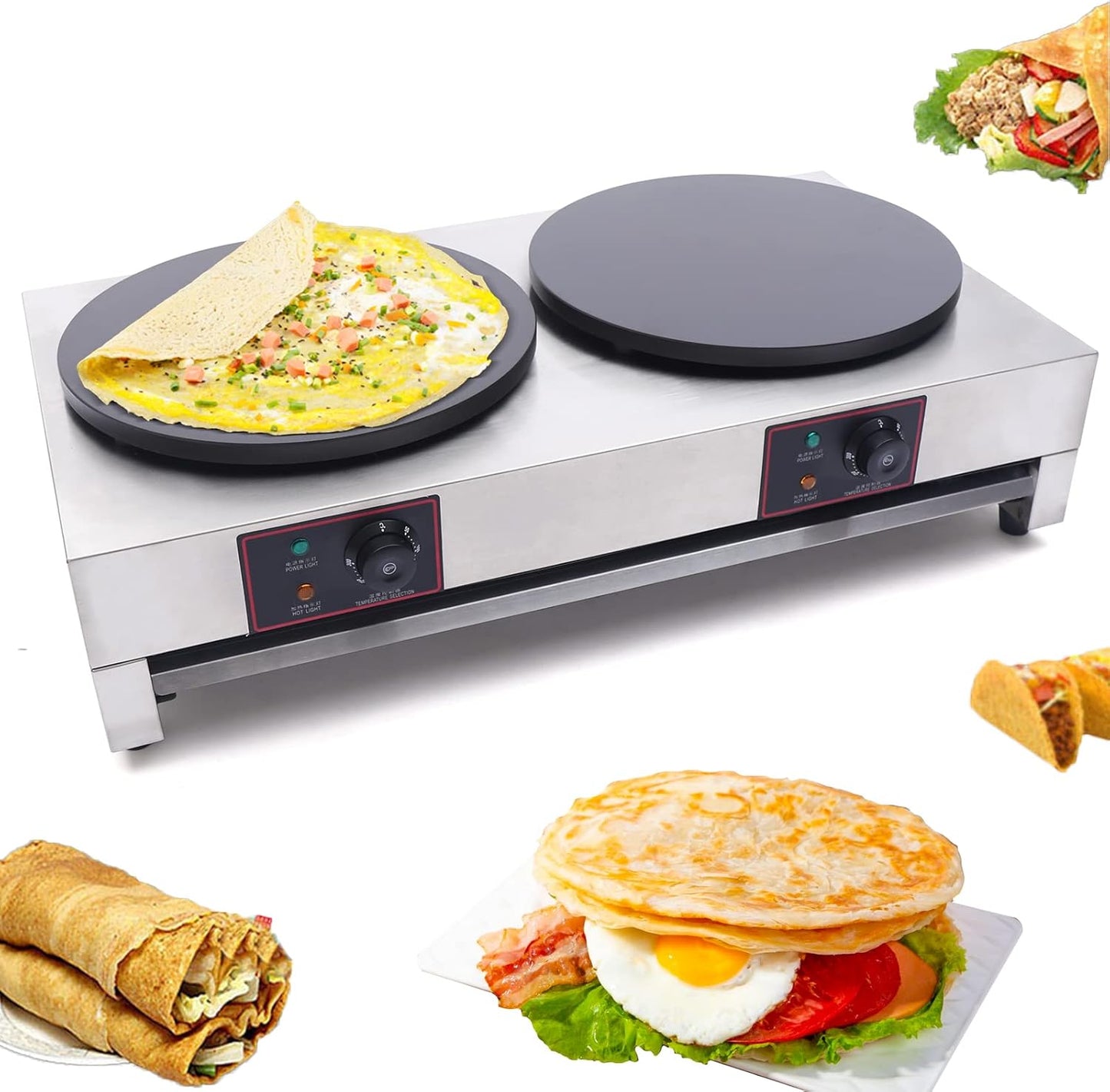 16 Inch Commercial Crepe Maker Electric Pancake Maker with Double Pan Nonstick Round Crepe Hotplate Griddle Machine Adjustable Temperature for Blintzes, Eggs, Tortilla