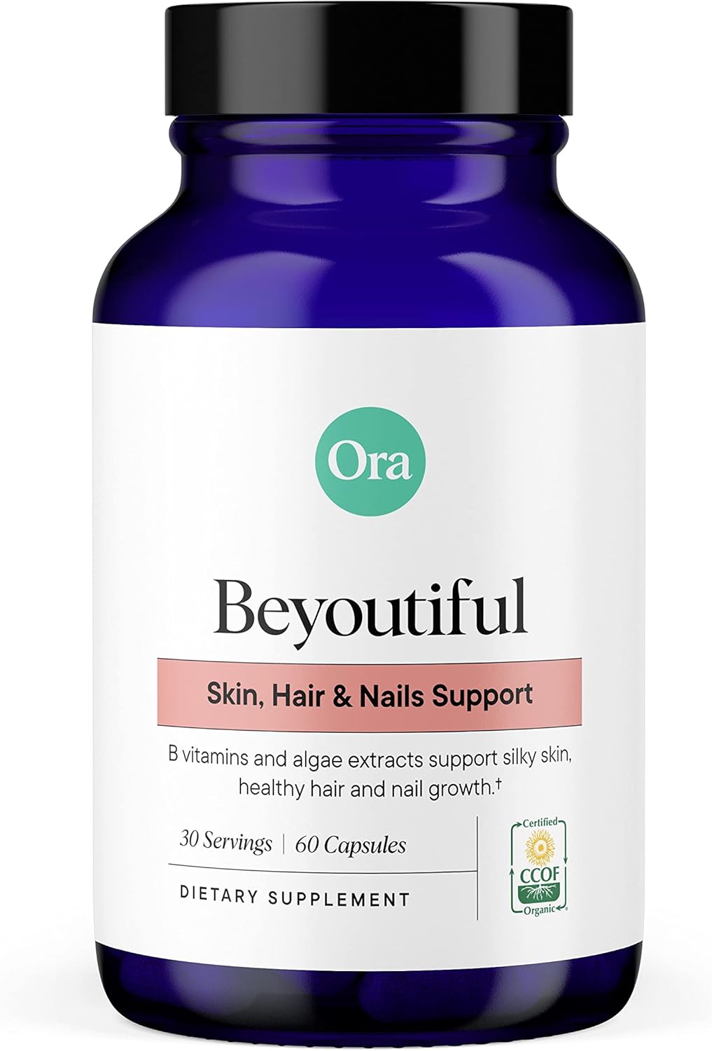 Ora Organic Hair, Skin, and Nails Support- BeYouTiful - Beauty Supplement with B Vitamins and Algae Extracts for Healthy Hair and Skin - 60 Vegan Capsules