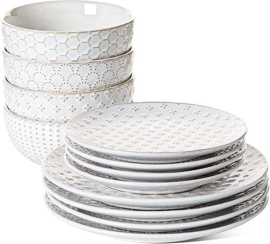 LE TAUCI Dinnerware Sets 12 PCS, Ceramic Plates and Bowls Set, Suit For Housewarming (10" Dinner Plate + 8" Salad Dish + 26 oz Cereal Bowl) x 4, Oven safe - Arctic White
