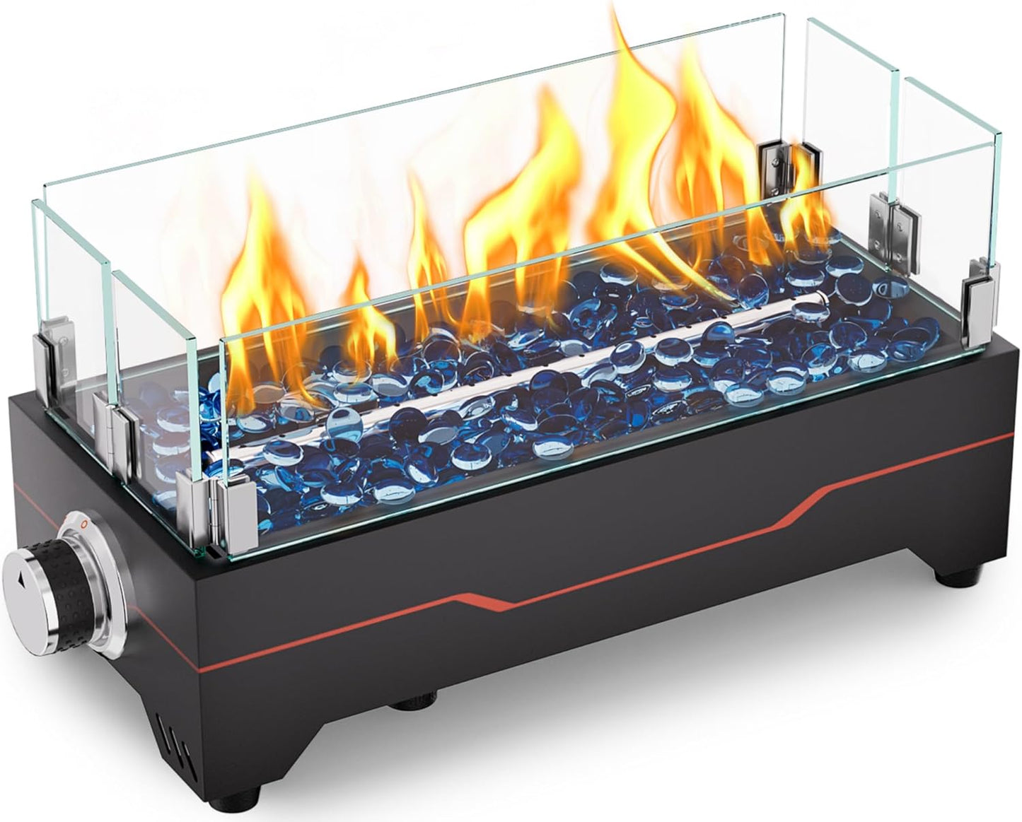 GRISUN Tabletop Fire Pit,15 Inch Propane Fire Pit Table,30000 BTU Table Top Firepit with Glass Wind Guard,Stainless Steel Burner,Fire Glass,Portable Propane fire Pit for Patio, Camping, Backyard & RV